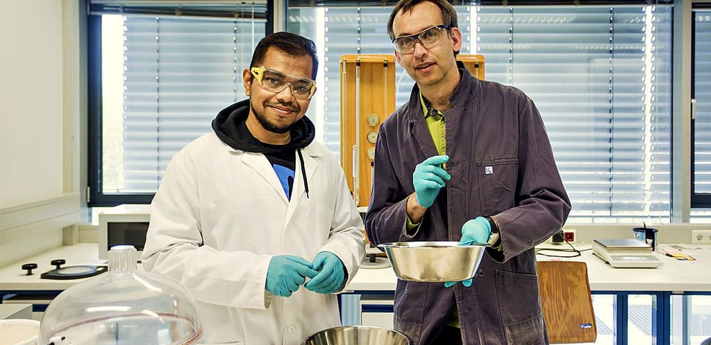 Kazi Nafiul Hassan (l.) und Conrad Dorer prüfen im Rahmen des Projektes Reno-Titan den gesiebten Sand im Hochschullabor.