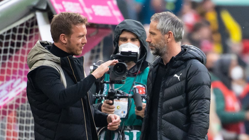 Beide mit Leipzig-Bezug: Ex-RB-Trainer Julian Nagelsmann (l.) und Trainer Marco Rose