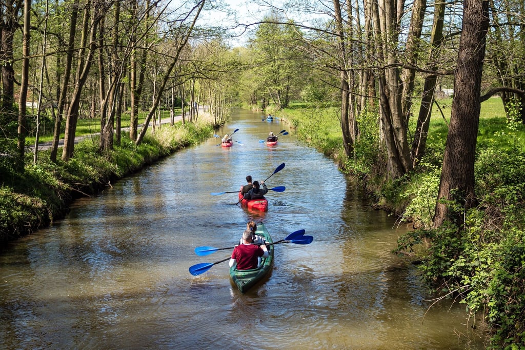 Paddler sind bei sonnigem Ausflugswetter auf einem Fließ im Spreewaldort Burg unterwegs.