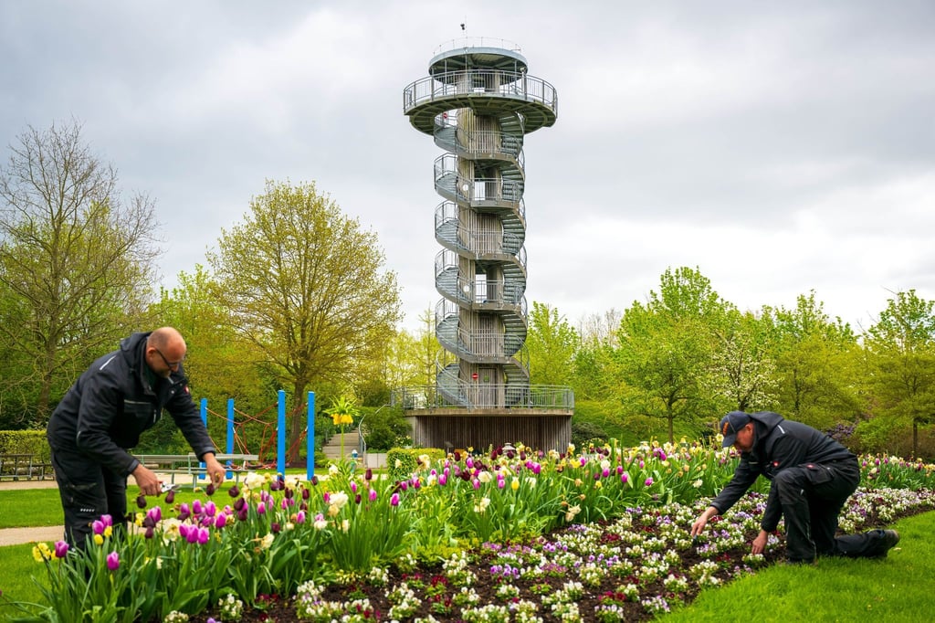 Gärtner bereiten den Saisonstart im Park der Gärten vor.