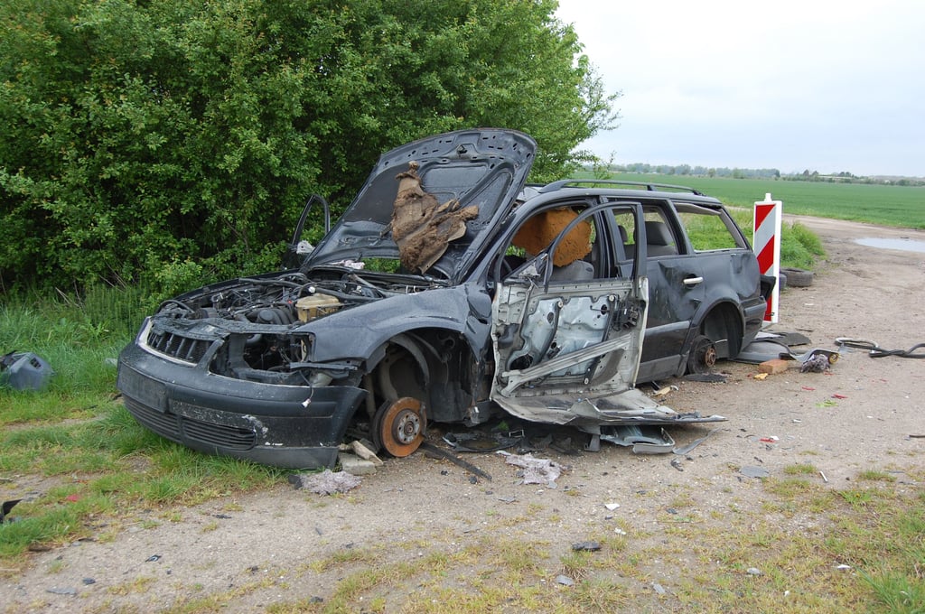 Nur mit Mühe ist zu erkennen, dass dieses ausgeschlachtete und demolierte Wrack nahe der A38 in Lützen einst ein VW Passat war. aktuell streiten gleich mehrere Ämter, wer für die Entsorgung verantwortlich ist.