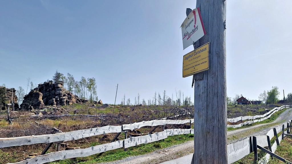 In Sichtweite des Carlshauses im Harz (hinten rechts) wurde die Zufahrt dorthin vom Besitzer des Grundstücks mit Zäunen eingefasst und obendrein eine Schranke installiert.