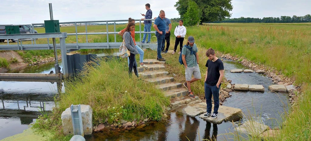 Studenten der Ingenieurökologie bei einer Expedition am Lüderitzer Tanger mit Fischaufstiegstreppe. Sie untersuchen, wie sich die Renaturierungsmaßnahmen des Unterhaltungsverbandes Tanger auf Flora und Fauna auswirken.