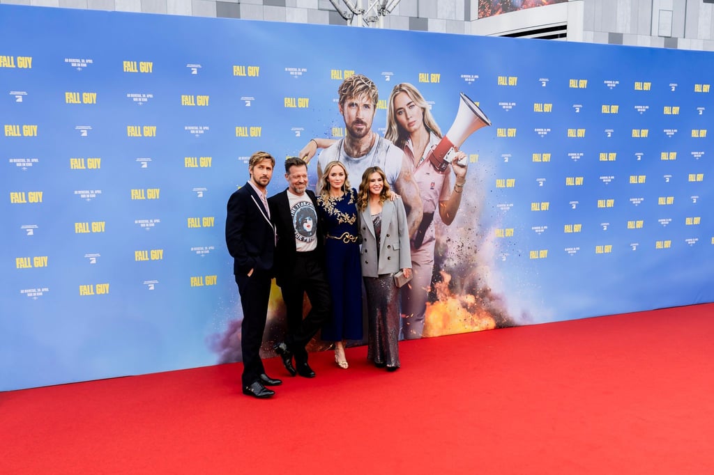 Ryan Gosling (l-r), Schauspieler, David Leitch, Regisseur, Emily Blunt, Schauspielerin, und Kelly McCormick, Produzentin, kommen zur Europapremiere des Films „The Fall Guy“ zum Kino UCI Luxe East Side Gallery.