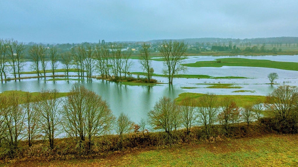 Hochwasser im Landkreis Stendal: Der Biesefluss bei Dobbrun mit Blick in Richtung Osterburg, kurz vor Weihnachten 2023.