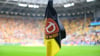 Eine Eckfahne mit dem Logo des Vereins Dynamo Dresden steht an der Ecke des Spielfeldes.