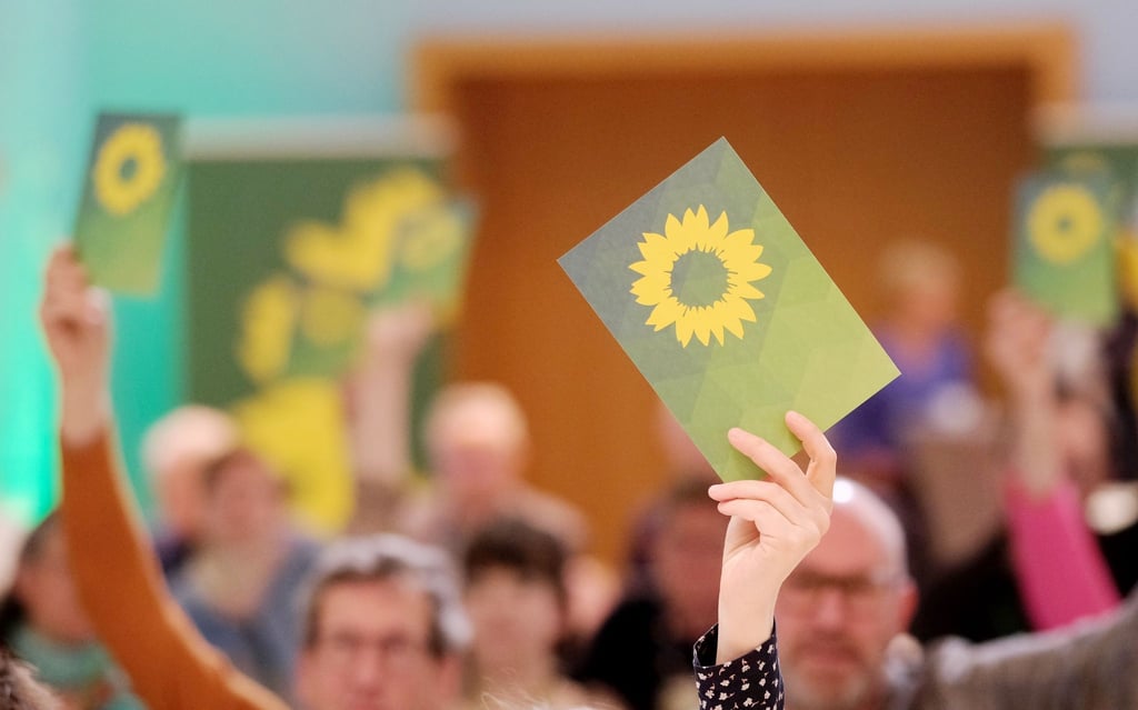 Stimmkarten werden beim Landesparteitag von Bündnis 90/ Die Grünen Sachsen-Anhalt in die Höhe gehalten.