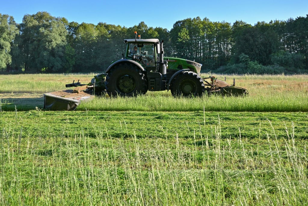 Ein Landwirt mäht am frühen Morgen eine Wiese.