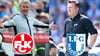 Friedhelm Funkel (li.), Trainer vom 1. FC Kaiserslautern, und Christian Titz, Coach vom 1. FC Magdeburg: Beide Vereine treffen am Samstag in der 2. Bundesliga aufeinander.