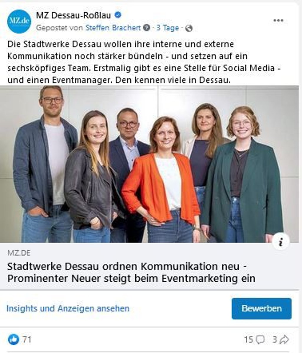 Der Post zum neuen Kommunikationsteam der Dessauer Stadtwerke.