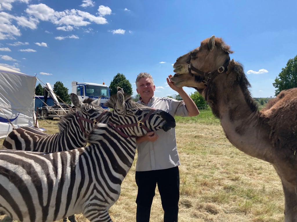 Renaldo Weisheit vom Circus Maximus mit den tierischen Mitgliedern des Ensembles. Der Zikrus ist endlich in Burg angekommen.
