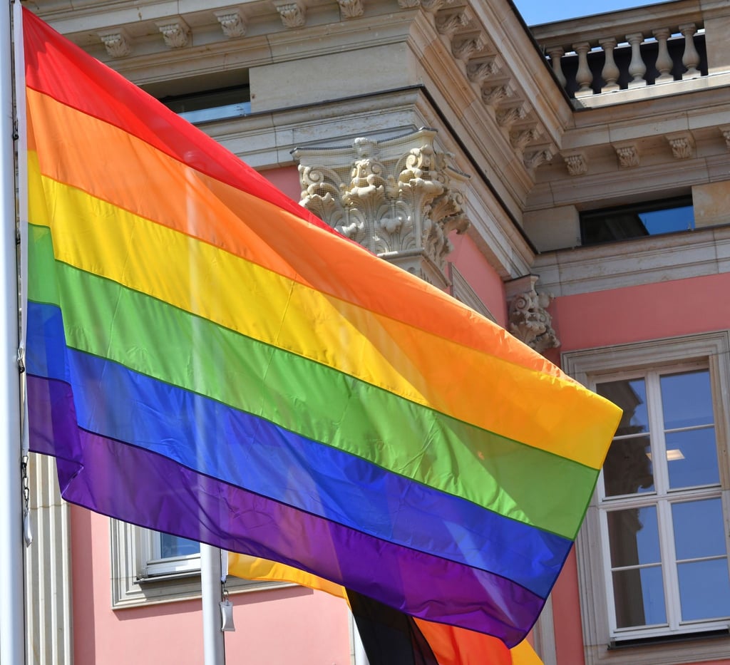Die Regenbogenfahne weht vor dem Landtagsgebäude im Wind.