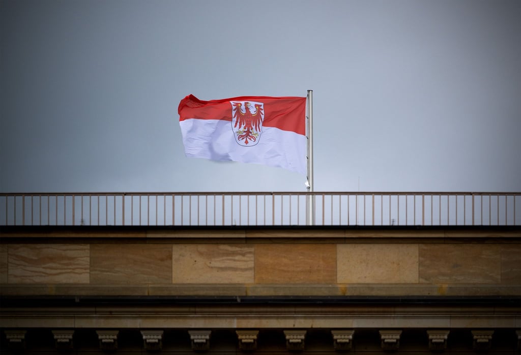 Die Flagge des Landes Brandenburg mit dem roten Adler weht auf dem Landtag vor grauem Himmel.