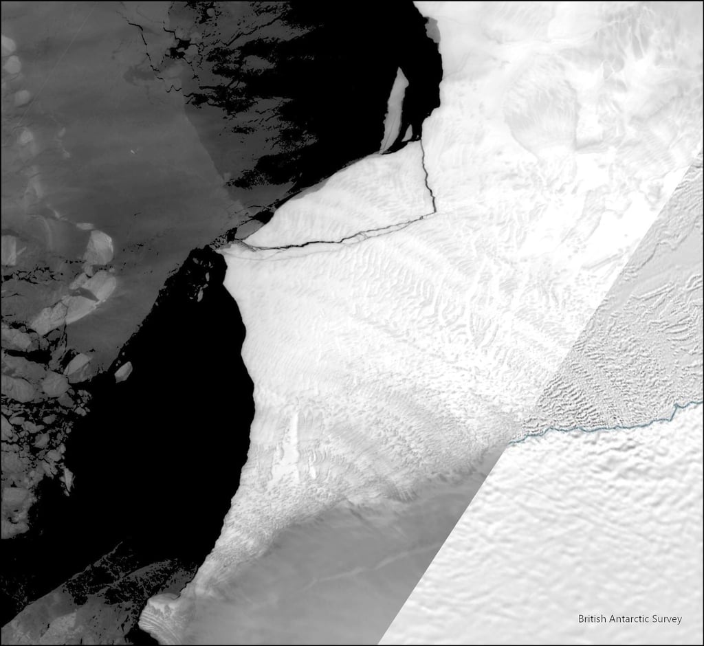 Eine von der britischen Forschungsstation British Antarctic Survey veröffentlichte Satellitenaufnahme zeigt, wie ein Eisberg vom Brunt-Eisschelf der Antarktis abbricht.