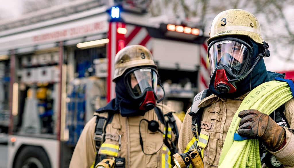 Zwei Feuerwehrleute der Feuer- und Rettungswache 3 in Duisburg in voller Montur.