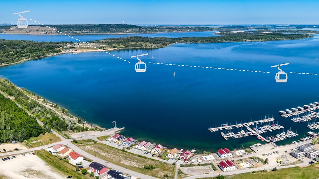 So könnte einmal eine Seilbahn über den Geiseltalsee bei Mücheln schweben.