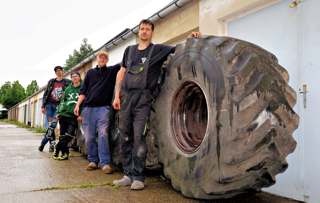 Lenny Jarosz, Oliver Bathelt und Stephan Damm (von links) haben Sebastian Beutler (vorn) beim Vogelmobil geholfen.