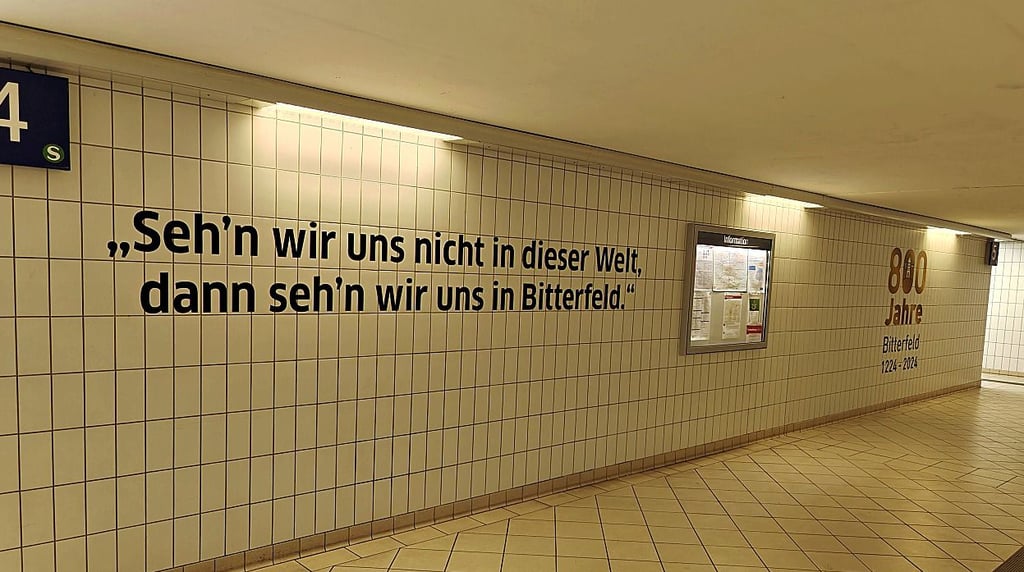 Bitterfeld wirbt im Bahnhofstunnel für das Stadtjubiläum.