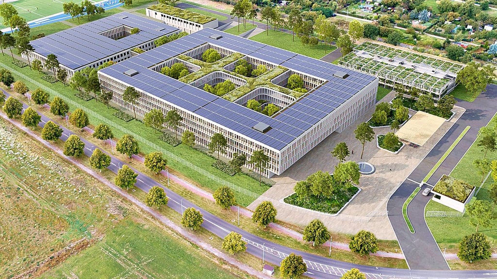 So soll das neue LKA Gebäude aussehen. Der künftige Bau besteht aus zwei viergeschossigen Hauptgebäuden mit PV-Anlagen auf den Dächern, einem begrünten Parkhaus (oben rechts) und einem Nebengebäude.