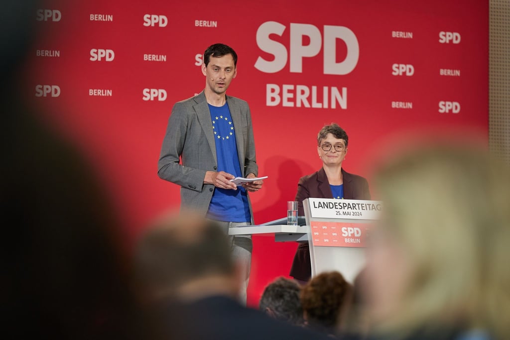 Martin Hikel (SPD), Neuköllns Bezirksbürgermeister, und Nicola Böcker-Giannini (SPD), Ex-Staatssekretärin, bewerben sich beim Landesparteitag der SPD Berlin um den Landesvorsitz.
