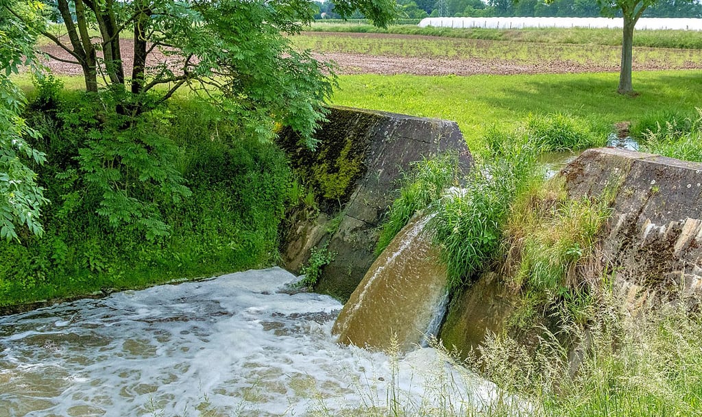 Kurz bevor bei Pegau das Wasser eine Abschlaggrabens vom Profener Elstermühlraben in die Weiße Elster fließt, passiert es diese Gefällstufe.  Das Bauwerk ist allerdings eine ökologische Barriere.