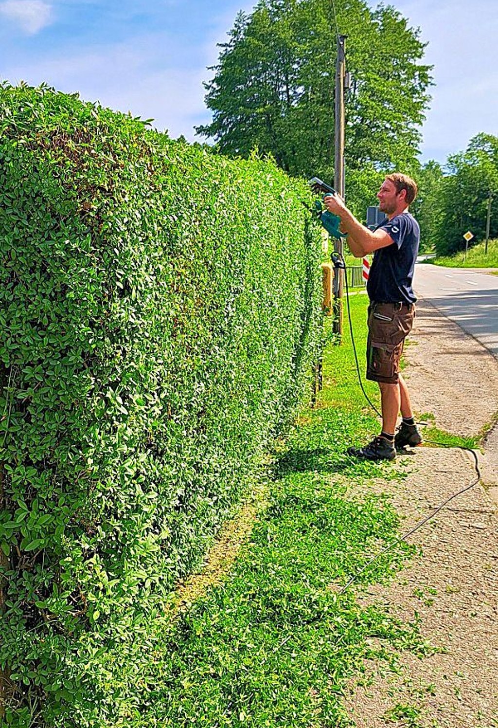 Ortsbürgermeister Felix Büttner verpasst der Hecke einen neuen Schnitt.