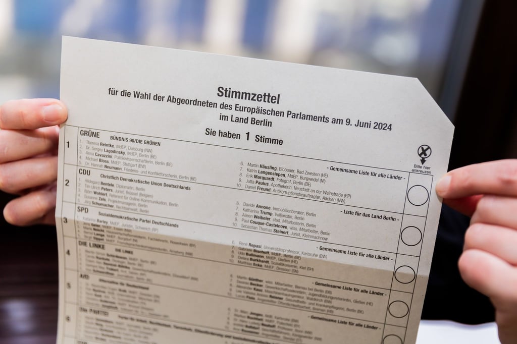 Ein Stimmzettel für die Europawahl 2024 des Landes Berlin wird bei der Vorstellung der Wahllisten und -benachrichtigungen sowie der Briefwahlkampagne zur Europawahl 2024 im Europäischen Haus gezeigt.