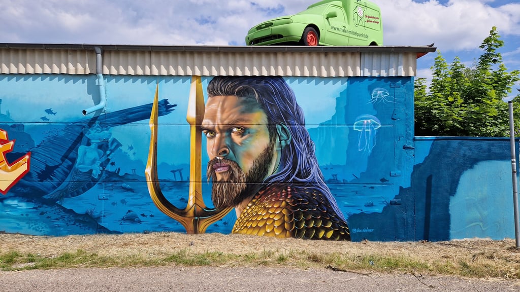 Der Aquaman blickt jetzt von einer Wand in Geuz in die Bachstadt Köthen.