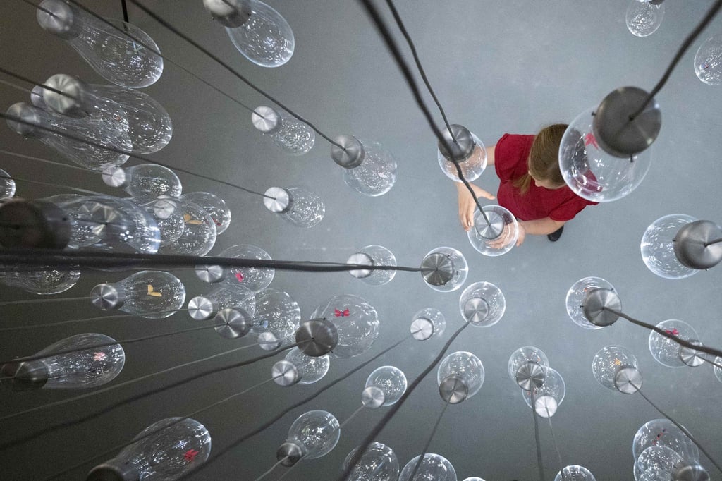 Ein Kind steht während eines Presserundgangs in der Kinderbiennale im Japanischen Palais in einem vom mischer‘traxler studio gestalteten Insektenreich.