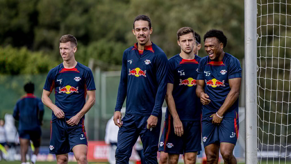 Fahren alle zur EM: Die RB-Profis Olmo, Poulsen, Baumgartner und Openda (v.l.n.r.).