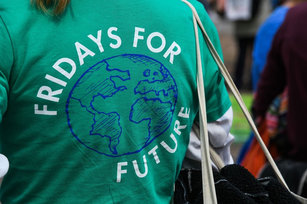 Eine Frau demonstriert in einem grünen T-Shirt mit der Aufschrift „Friday for Future“.