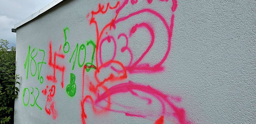 Auch an einer Garage neben dem „Asiatischen Landhaus“ haben die unbekannten Täter ihre Spuren hinterlassen.