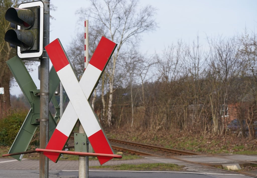Blick auf einen Bahnübergang mit Andreaskreuzen, Ampeln und den Bahngleisen.