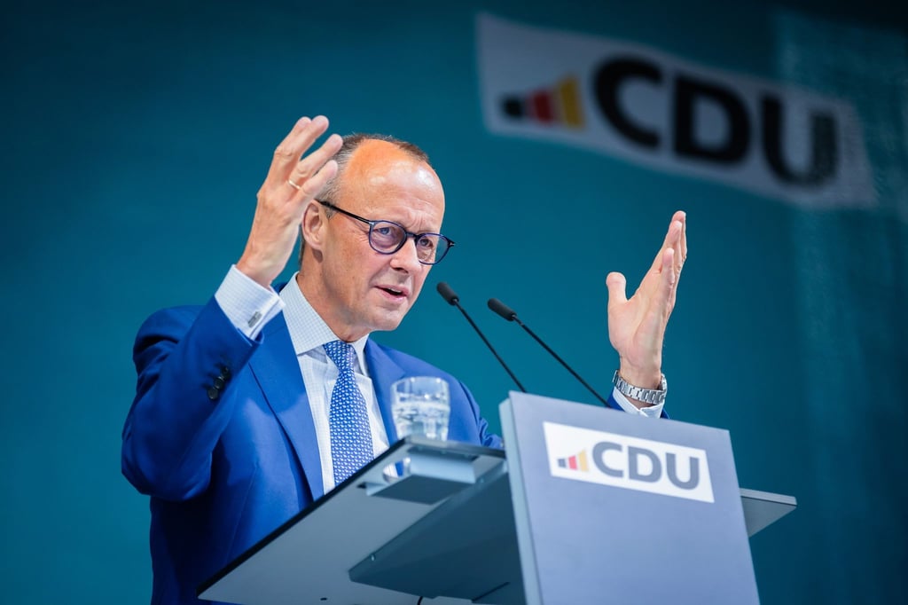 Friedrich Merz, CDU-Bundesvorsitzender, spricht bei einer Wahlkampfveranstaltung der CDU.