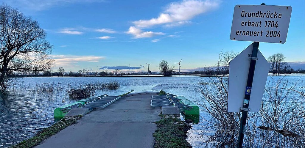 Wegen Hochwasser musste die Grundbrücke Lostau im Februar 2024 buchstäblich eingeklappt werden. Auch jetzt führt die Elbe viel Wasser.