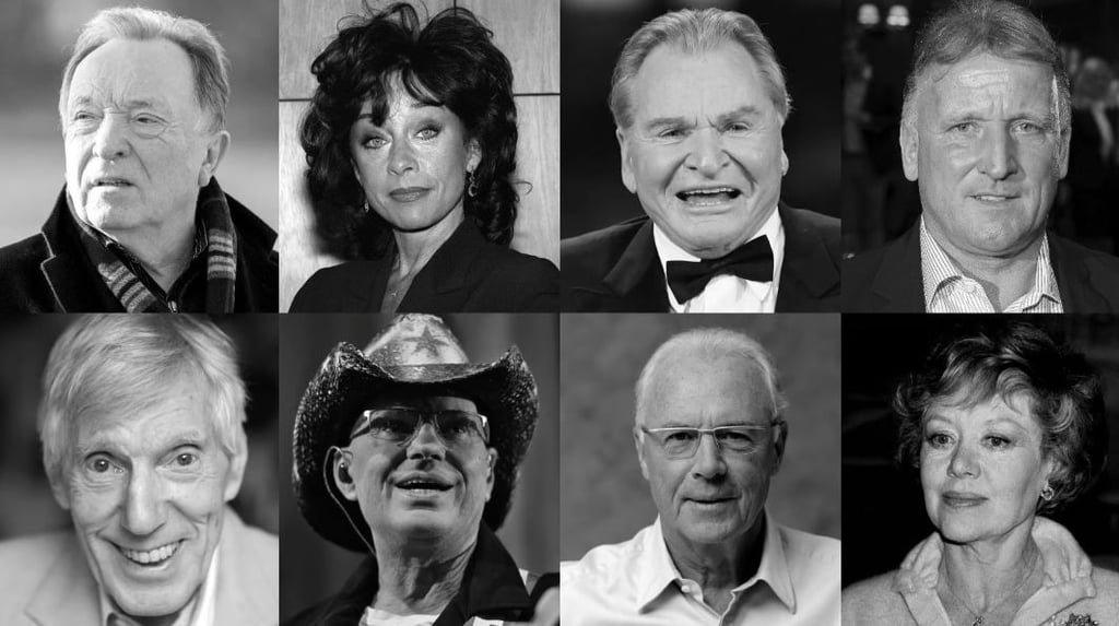 Todesfälle 2024: oben.v.l.: Peter Sodann, Vera Tschechowa, Fritz Wepper, Andreas Brehme; (u.v.l.): Henry Valentino, Fritz Puppel, Franz Beckenbauer, Glynis Johns