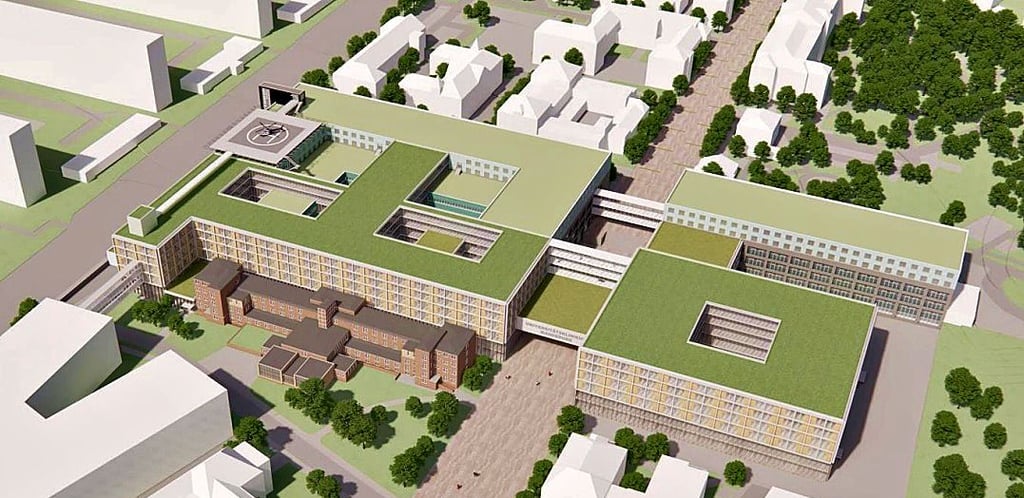 Visualisierung des geplanten Großkrankenhauses fürs Magdeburger Uniklinikum. Der Komplex soll jährlich bis zu 25 Millionen Euro einsparen.