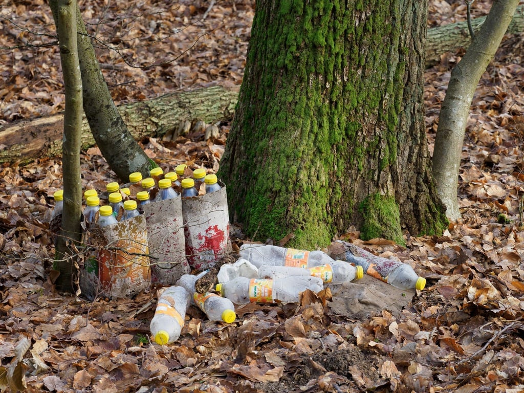Leere Plastikflaschen liegen neben einem Baum.
