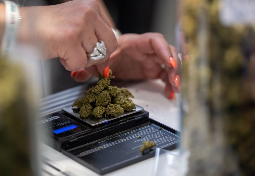 Eine Verkäuferin wiegt auf der Hanfmesse „Mary Jane“ CBD-Blüten auf einer Waage.