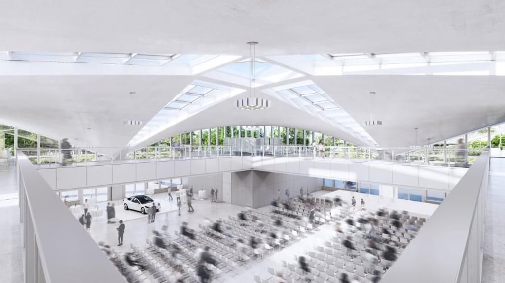 Die Hyparschale in Magdeburg. Sie wie in dieser Visualiserung soll sie im Innenbereich aussehen.