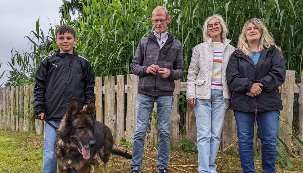 Der junge Richard (links) und seine Familie sind in der Not eingesprungen und haben Schäferhund Orkan aufgenommen. Die Freunde Sandro Nehls, Simone Lux und Antje Heitmann kümmerten sich nach dem Tod des Herrchens um das Tier.