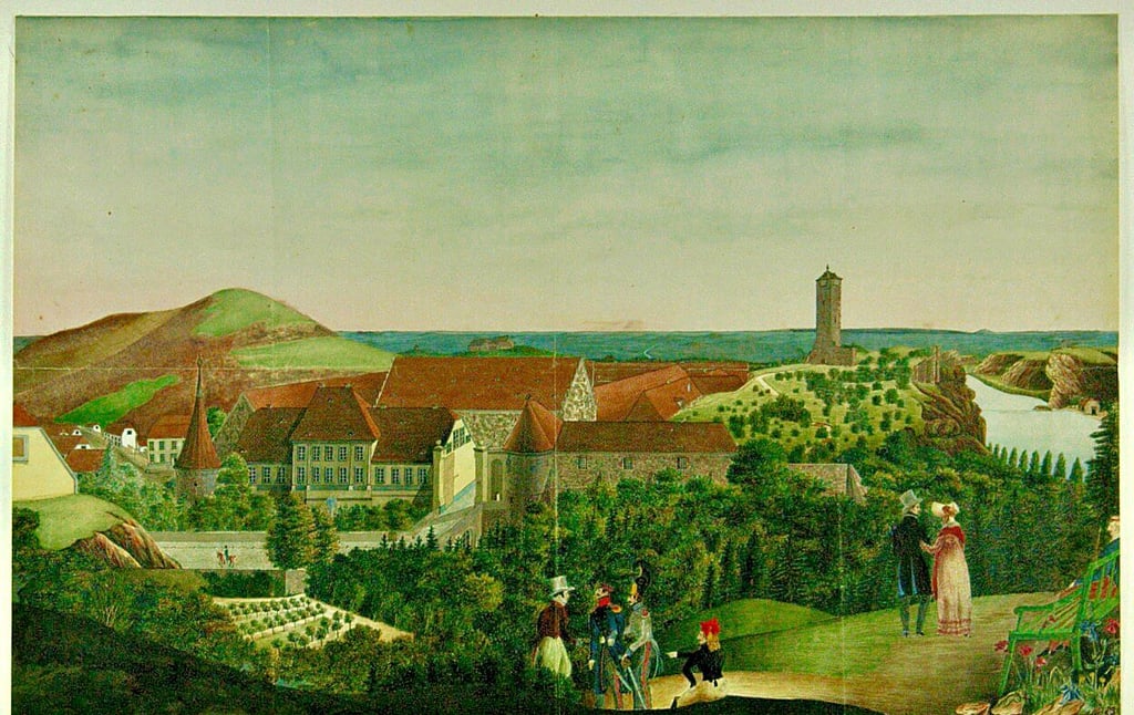 Dieses Gemälde zeigt Reichardts Garten um 1825. Damals war Giebichenstein noch eigenständig und die Gegend weitgehend unbebaut.