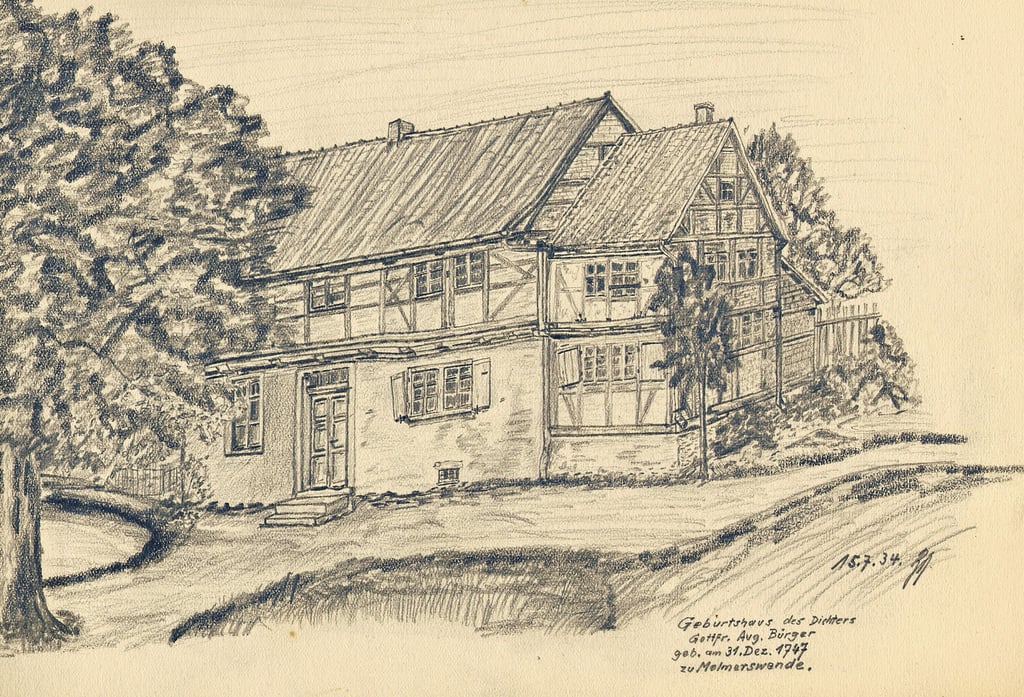 Diese Zeichnung zeigt das Geburtshaus von Gottfried August Bürger in Molmerswende, wie es vor 90 Jahren aussah.