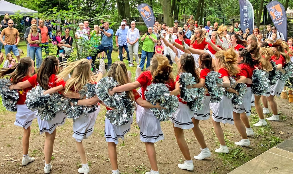 Zwei Gruppen der Happy Dancer von SV Stahl machen Stimmung auf der Bühne an der Festwiese.