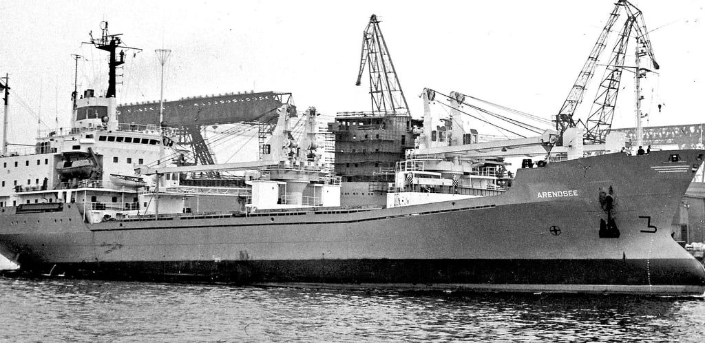 Das Motorschiff Arendsee im Rostocker Heimathafen. Es steuerte von dort aus unter anderem Staaten in Ost- und Westafrika an.