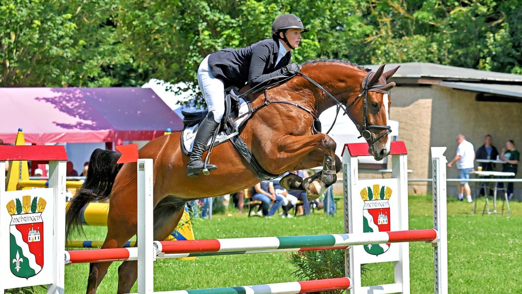 Anne Kilian vom Verein Westdorf-Aschersleben tritt mit Chacoontinue bei der Springpferdeprüfung A** an. Bei der Klasse L wurde sie Zweite.