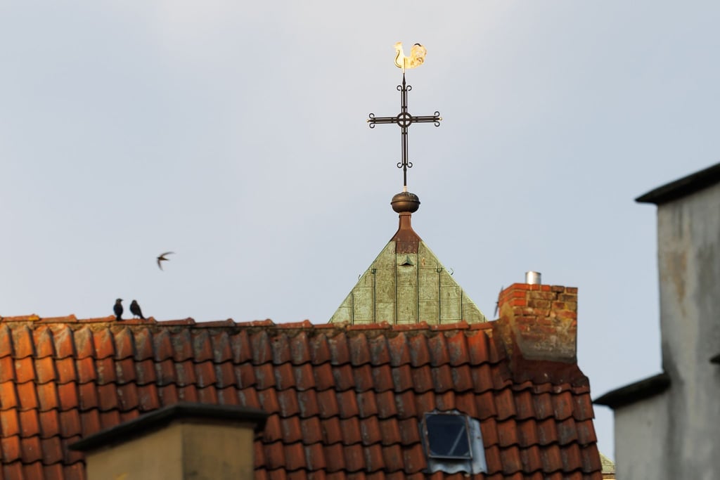 Ein Kreuz vom katholischen Dom St. Petrus ist im Licht der untergehenden Sonne zu sehen.
