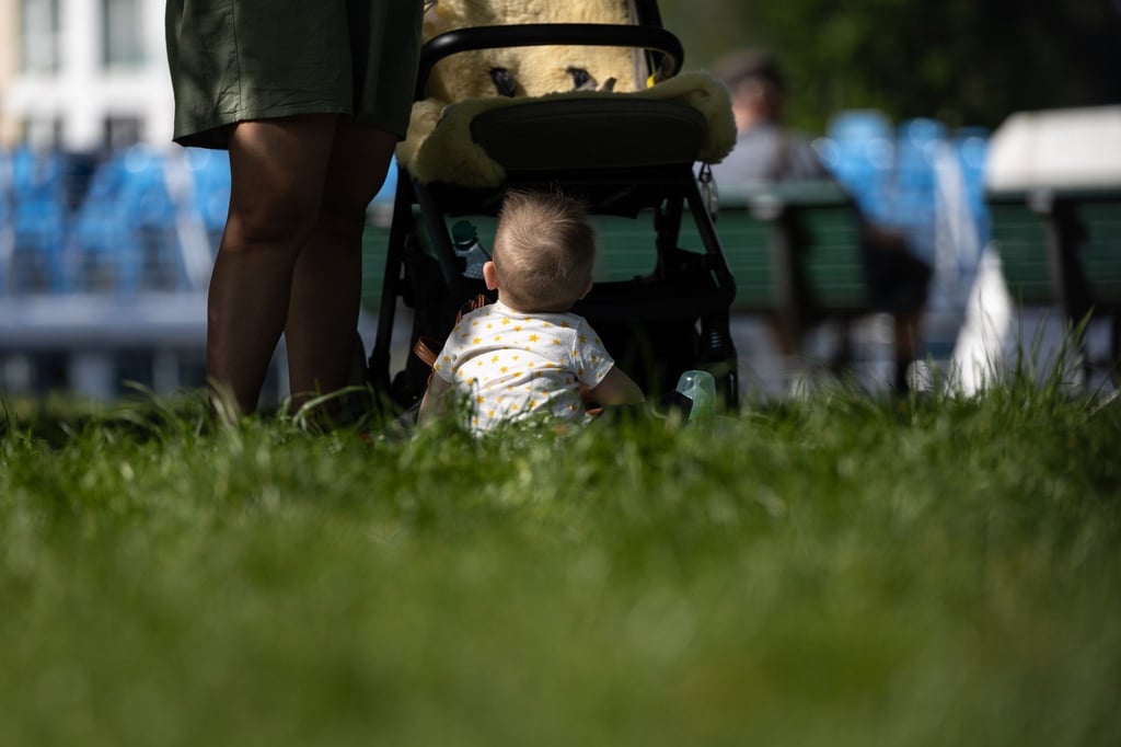 Ein Kleinkind sitzt vor einem Kinderwagen auf einer Wiese.