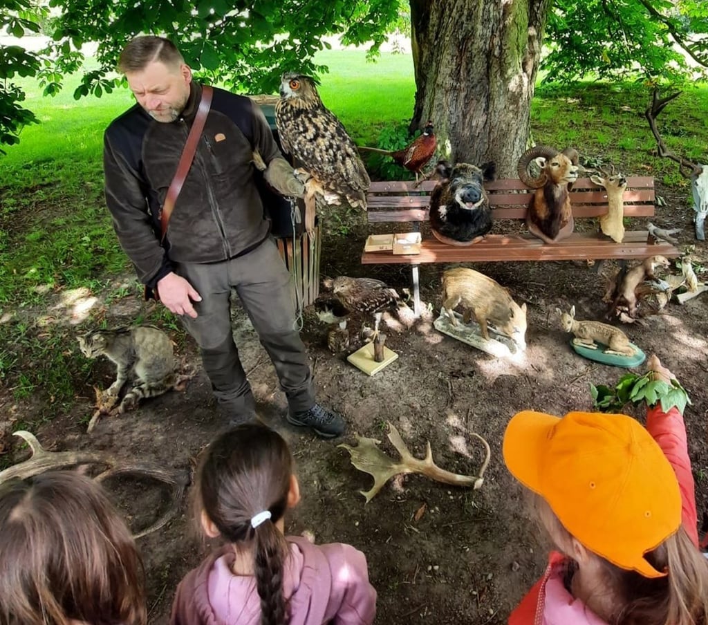Die Kita Alterode hat am Projekt „Waldfuchs“ der Schutzgemeinschaft Deutscher Wald, das mit Unterstützung des Landeszentrums Wald realisiert wird, teilgenommen und ihr Zertifikat "Waldfüchse" erhalten. Auf dem Foto zeigt Jäger Michael Rückrieme den Kindern die Tiere des Waldes.