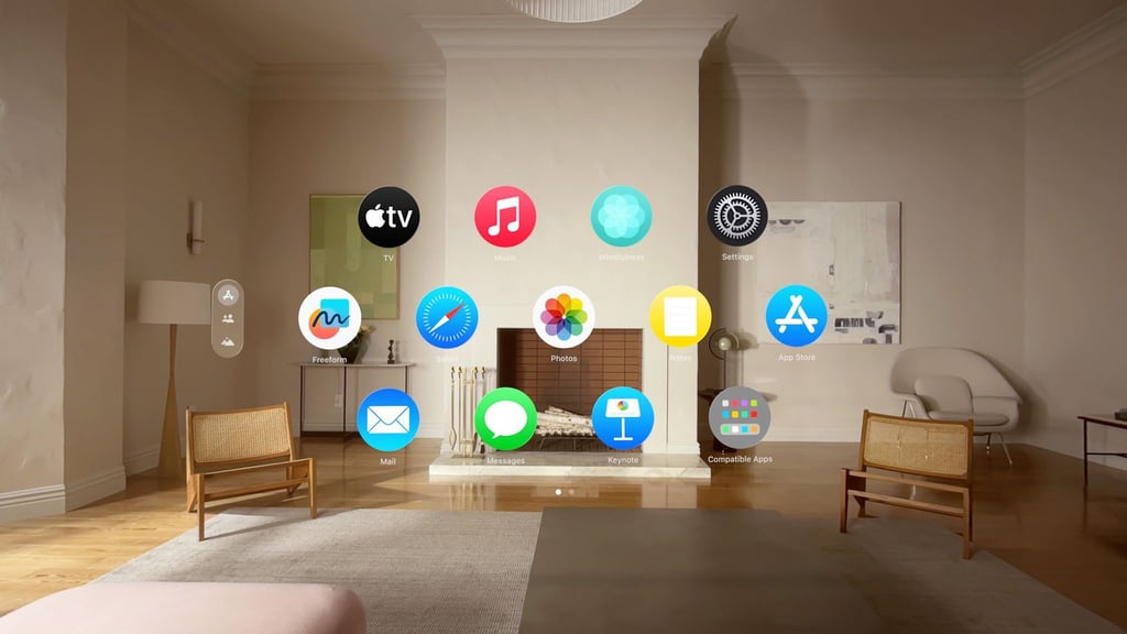 So sieht es aus, wenn die App-Symbole im Raum schweben. Man sucht die Apps mit dem Blick aus und bringt dann Daumen und Zeigefinger zusammen, um sie zu starten.